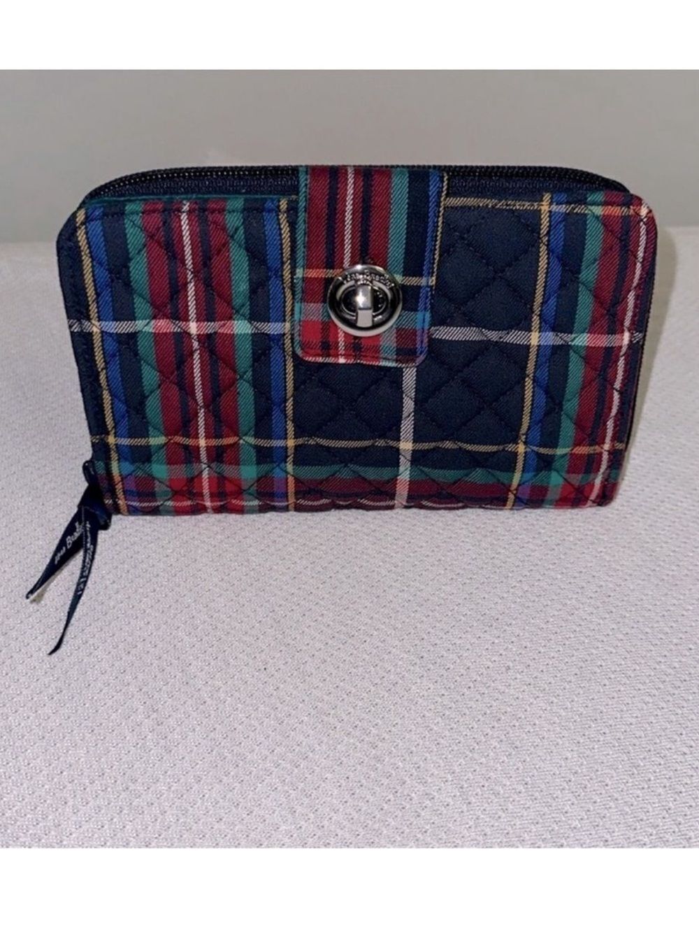 Vera Bradley Tartan Plaid Navy Green Red Turn Lock RFID Large Wallet